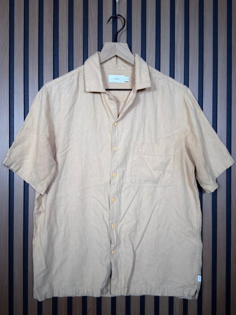 Onia Shirt M / M Mens Beige Short Sleeve Button Front Linen Blend Pocket Front